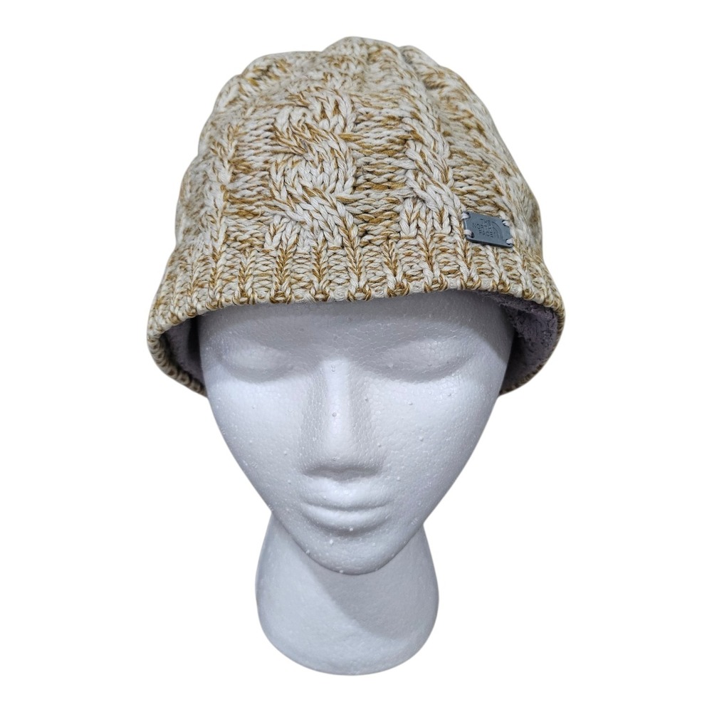 The North Face Minna Cable Knit Beanie Hat Fleece‎ Lined Brown Beige One Size